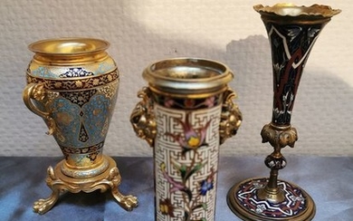 Urn, Vase (3) - Napoleon III - Bronze (gilt), Enamel - Late 19th century