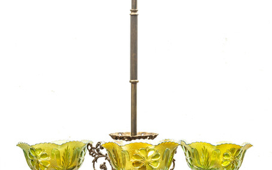 VICTORIAN 3 ARMS, GREEN CARNIVAL GLASS CHANDELIER H 30"