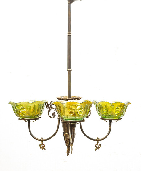 VICTORIAN 3 ARMS, GREEN CARNIVAL GLASS CHANDELIER H 30"