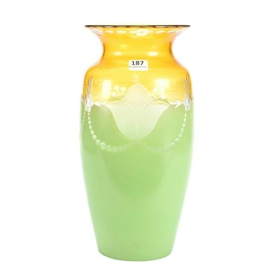 Vase, Clear Glass W/Green & Amber