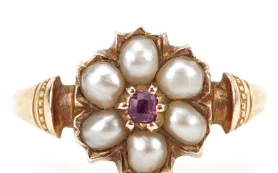Victorian 15ct gold ruby and pearl flower head ring, size M,...
