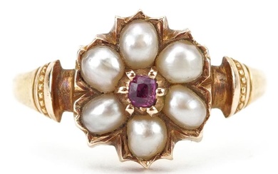 Victorian 15ct gold ruby and pearl flower head ring, size M,...