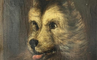 Victorian English Dog Painting Oil on Canvas Head Portrait of Terrier