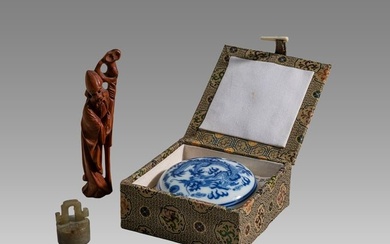 Vintage Chinese Jade Seal, Blue, White Porcelain Inkwell & Wood Sage Figure.