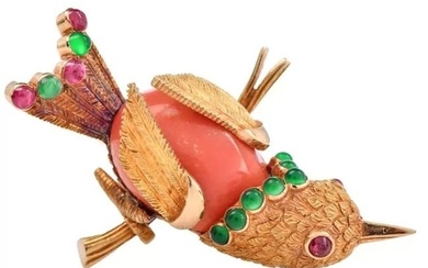 Vintage French Coral Gold Emerald Ruby Bird Brooch Pin