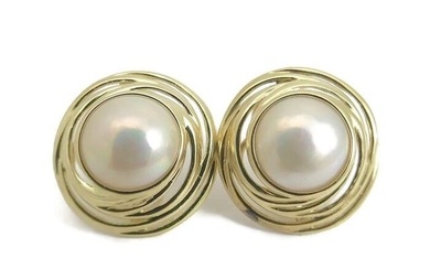 Vintage Japanese Pearl Large Swirl Button Stud Earrings 14K Yellow Gold, 13.3 Gr