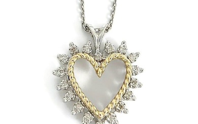 Vintage Two-Tone Diamond Heart Pendant Necklace 14K White Gold, 15.60 Grams