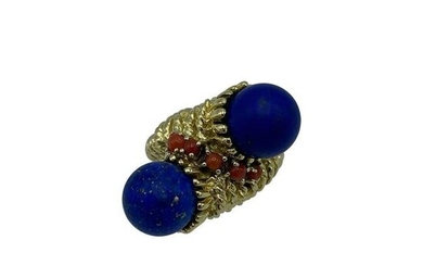 Vintage Yellow Gold, Lapis and Coral Bypass Coctail