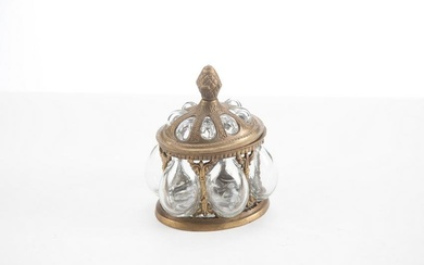Vintage brass and glass Tobacco Jar, very ornate with hand blown glass insert, measures 6" diameter