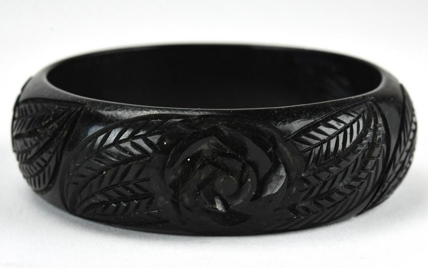 Wide Carved Black Bakelite Bangle Bracelet.