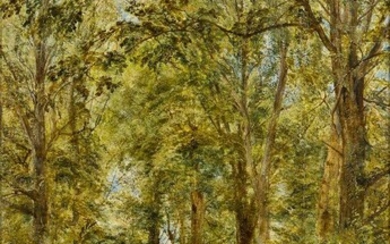 William Joseph Julius Caesar Bond, British 1833-1926- A wooded landscape with a path; oil on board, signed 'WJJC Bond 90' (lower right), bears old inscription on an old label on the reverse, 48.2 x 30 cm. Provenance: Private Collection, UK. Note:...