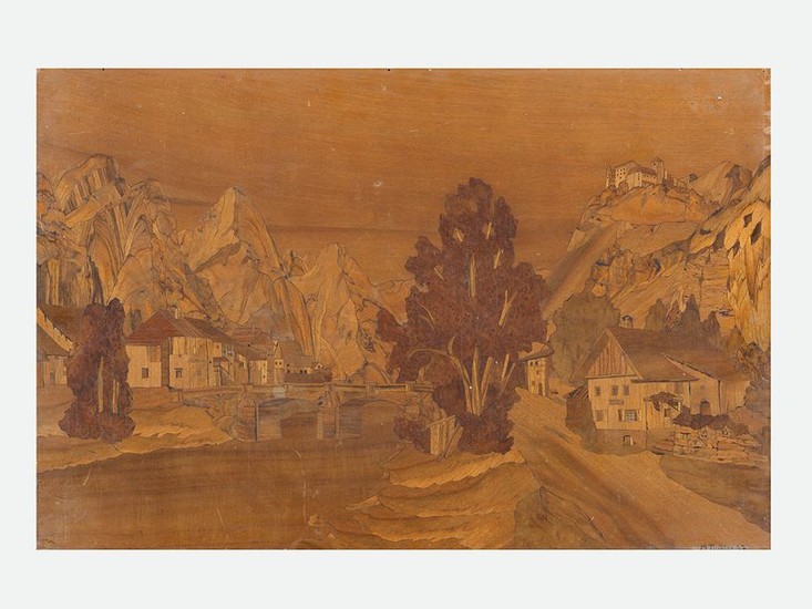 Wooden intarsia panel, rectangular shape with view of...