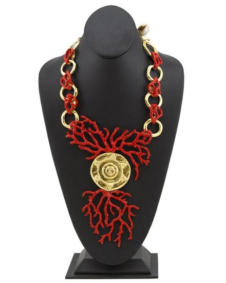 Yves Saint Laurent Red Enamel & Gold Coral Necklace
