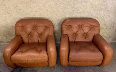 in the spirit of Mario Bellini: Superb pair of Design 50/60 Havana leather armchairs (label