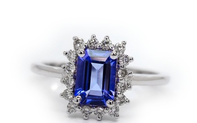 *no reserve* 1.00 ct Blue Tanzanite & 0.25 ct D to F Diamond Designer Ring - 2.59 gr - 14 kt. White gold - Ring Tanzanite - Diamond