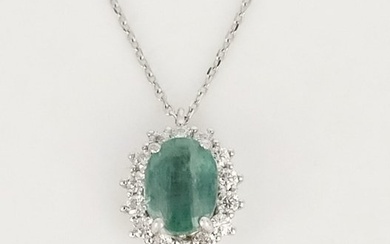 no reserve price - 18 kt. White gold - Necklace with pendant - 1.60 ct Emerald - Diamonds