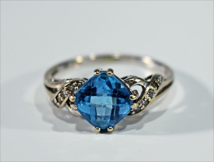 14K White Gold and Blue Topaz and Diamond Ring