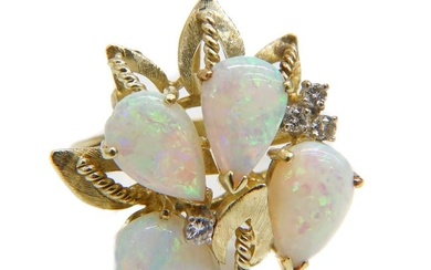 14k Yellow Gold White Opal and Diamond Ring, Size 8.5
