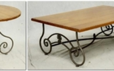 (2) Ethan Allen iron base tables, wood tops
