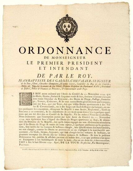 1740. PARLEMENT D’AIX EN PROVENCE (13). DROITS... - Lot 88 - Vermot et Associés
