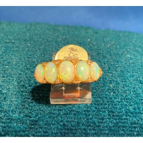 18 Carat Yellow Gold Antique 5 Stone Fire Opal and Diamond R...