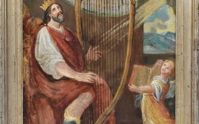 18/19th Century Old Master style oil on canvas, King David playing Harp and Painting of Madonna on