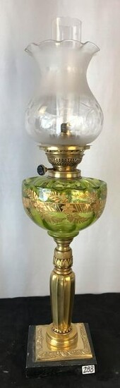 1860's Green Etched Glass Floral Baquet Lamp