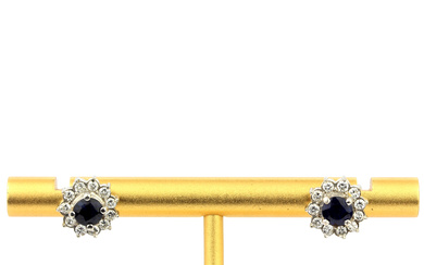 18CT GOLD SAPPHIRE AND DIAMOND EARRINGS.
