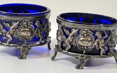 19th Century Pair of Continental Silver Salts with Cobalt Blue Glass Liners