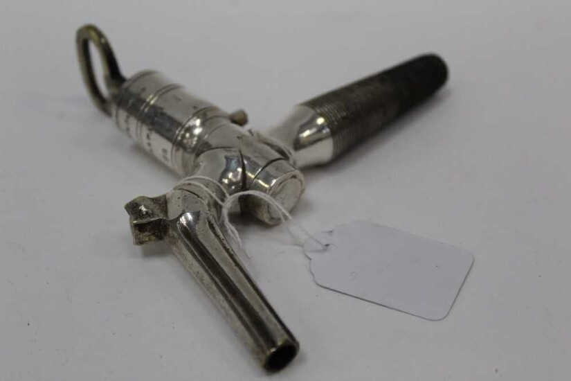 19th century silver plated wine or brandy tap, by Farrow and Jackson, London and Paris, with removable key, stamped, Farrow & Jackson, proved to 200lbs. Numbered 98