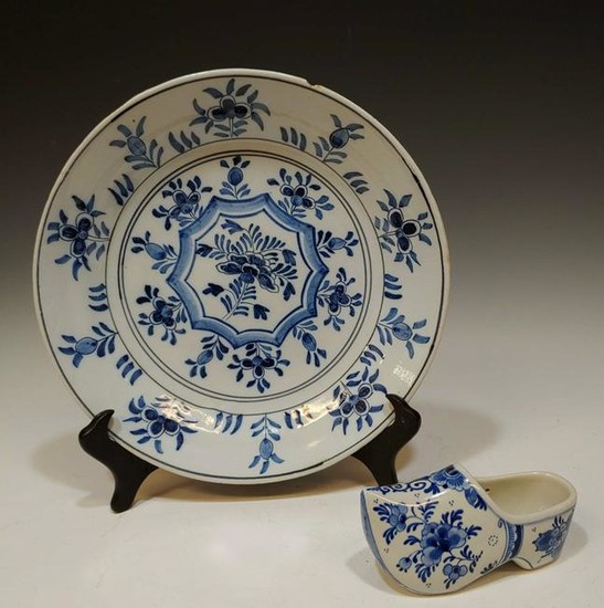 2 Dutch Blue & White Tin-Glaze Plate & Shoe