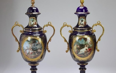 (2) Sevres style gilt-decorated porcelain urns, 45"h