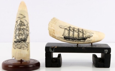 2 WHALE TOOTH SCRIMSHAW SHIP ENGRAVED ORNAMENTS