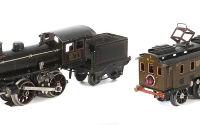 2 locomotives Märklin, track 0, 1 x 20 volt steam locomotive with tender 0/35, R 13040, black CL, BZ 1926-31, without headlight, L: 30 cm; 1 x 20 volt E locomotive R 12990, brown CL, BZ 1927-28, L: 16 cm. Part. Stronger signs of age, wheels of the...