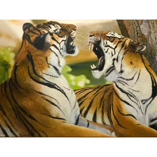 20thc Signed Oil Painting, Pair of Tigers