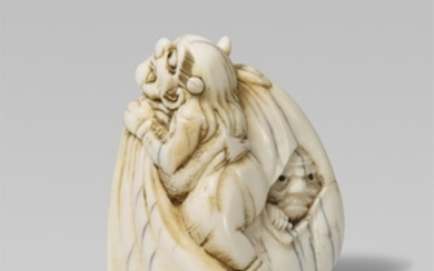 An unusual ivory netsuke of an oni. Early 19t ...