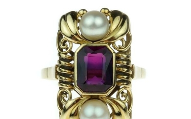 Vintage - 14 kt. Yellow gold - Ring Amethyst - Pearl