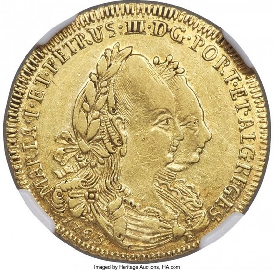 30088: Maria I & Pedro III gold 3200 Reis 1783-B XF45 N