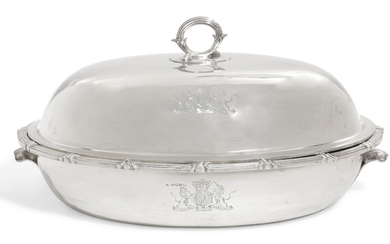 A GEORGE III SILVER VEGETABLE DISH AND COVER AND OLD-SHEFFIELD PLATE STAND, MARK OF HENRY NUTTING, LONDON, 1805