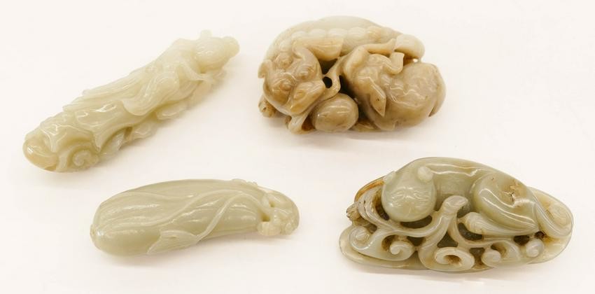 4pc Chinese Jade Pebble Carvings Qilin and Fruit.