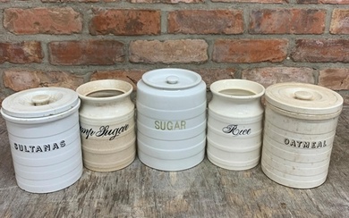 5 antique cream and white ceramic banded kitchen cannister j...