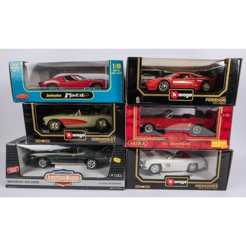 6 1:18 sports cars. 3x Bburago 1984 Ferrari GTO, 1957 Chevro...
