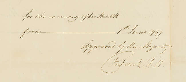 George III.- Frederick (Prince, Duke of York and Albany).- Petition to George III "That Three further leave of Absence be granted to Captain Lyons of the 69th Regiment for the recover of his health", D.s. "Approved by His Majesty... Frederick FM", 1st...