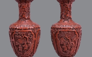 A pair of Chinese carved cinnabar lacquer baluster vases