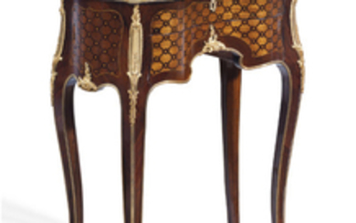 A FRENCH ORMOLU-MOUNTED KINGWOOD, MAHOGANY AND FRUITWOOD MARQUETRY AND PARQUETRY WORK TABLE, OF LOUIS XV STYLE, LATE 19TH/EARLY 20TH CENTURY