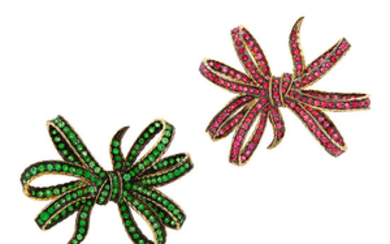 Pair of Gold, Green Garnet and Red Spinel Bow Clip-Brooches
