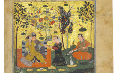 AN ILLUSTRATED FOLIO FROM THE KHUSRAW NAMEH OF ATTAR: KHUSRAW AND GOL SEATED IN A GARDEN, INDIA, SECOND HALF 15TH CENTURY
