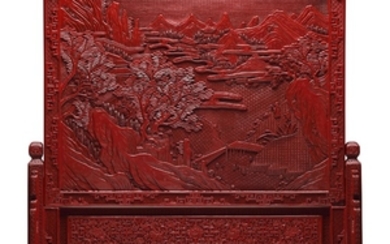A LARGE CARVED RED LACQUER TABLE SCREEN, 19TH CENTURY