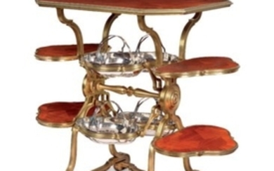AN UNUSUAL FRENCH ORMOLU AND SILVER-MOUNTED MAHOGANY 'FERRIS WHEEL' SERVING-TABLE, MARK OF GUSTAVE KELLER, PARIS, CIRCA 1900