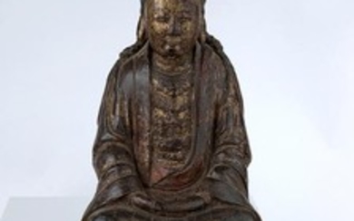 A WOODEN SCULPTURE GUANYIN CHINESE LACQUER SURFACE